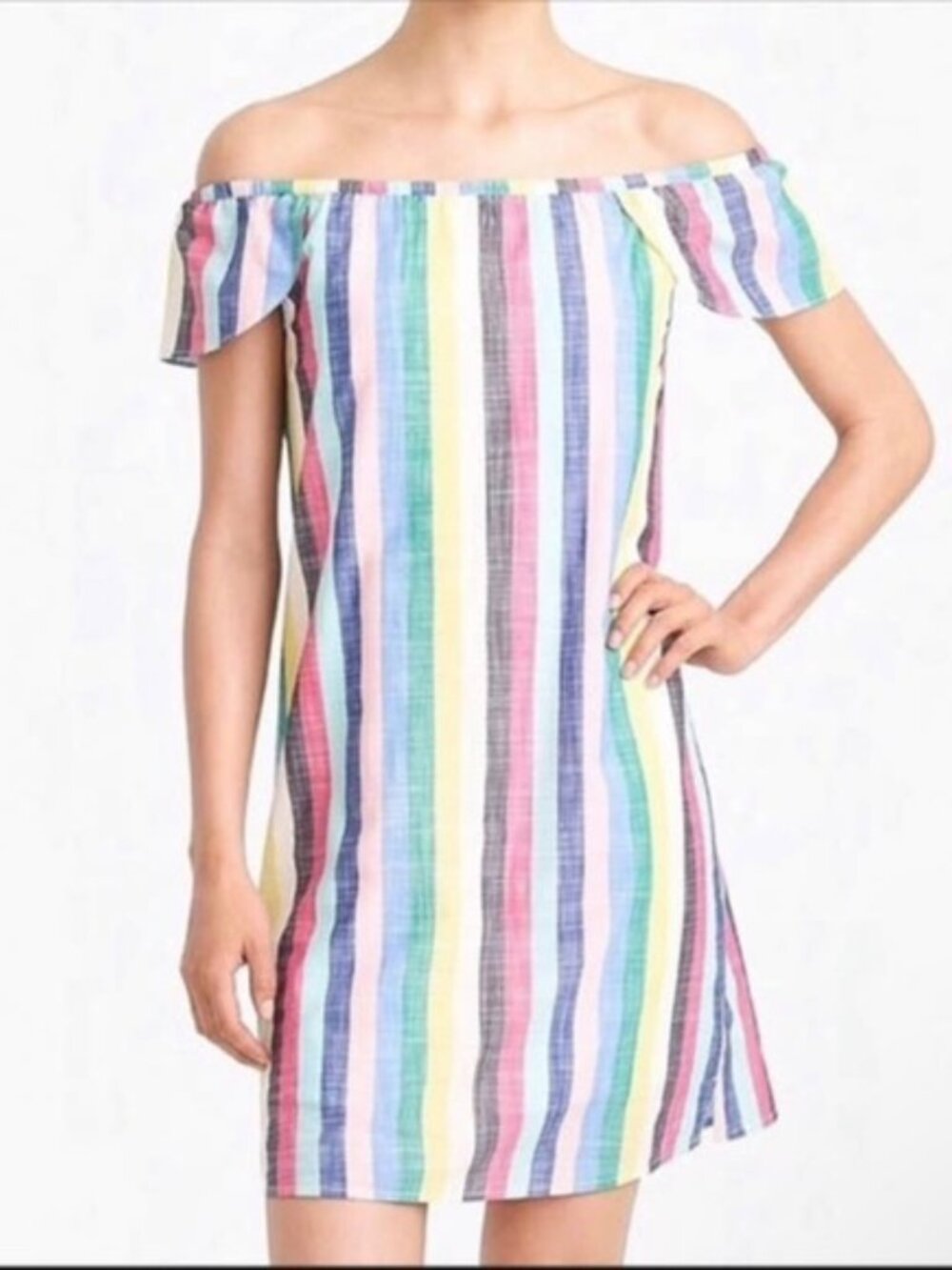 J.Crew Factory Off the Shoulder Multicolor Stripe Cotton Mini Dress Size 6